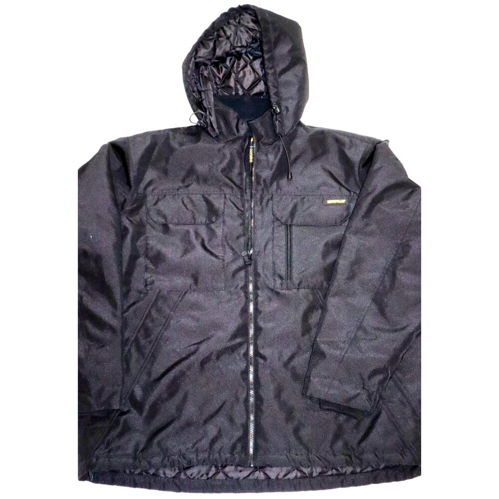 Caterpillar CAT Workwear Jacket 2XL Black Hooded Quilted Utility Grunge Aestheti